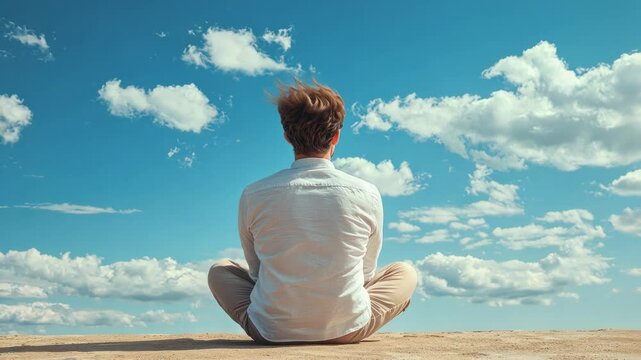 Man Sitting on Beach Gazing at Blue Sky and Fluffy Clouds Above
