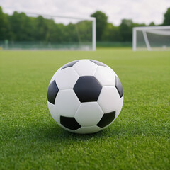 Fototapeta premium Classic black and white soccer ball on a grassy field. In the background, there are two goalposts. The setting appears to be a soccer field, possibly in a park or stadium, with trees in the distance.