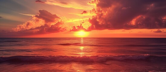 Fototapeta premium Panoramic beautiful sunset with golden sunlight view over the ocean landscape. Generate AI image