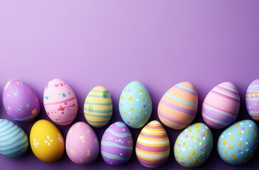 Fototapeta premium Colorful Easter Eggs on a Purple Background, Vibrant Pastel Hues, Decorative Stripes and Dots, Ready for Spring Celebrations and Festive Activities