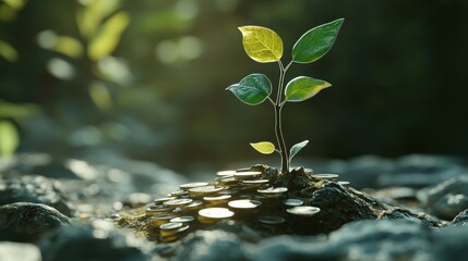 Naklejka premium Investment growth, tree growing from a pile of coins, 3D illustration. 