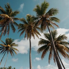 Palm trees reaching upwards with bright blue sky in the background