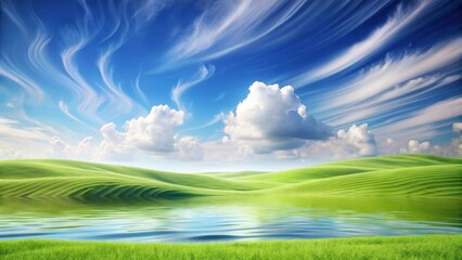 Obraz premium Serene Landscape Rolling Green Hills Mirrored in a Calm Lake Under a Sky of Whimsical Clouds