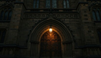 Obraz premium Ornate gothic entrance door with an old-fashioned lamp shining brightly.