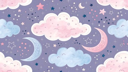 Soft Pastel Clouds and Stars Design for Nursery or Children's Room