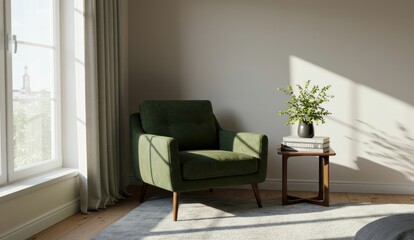 Cozy interior scene featuring green armchair and sunlit side table.