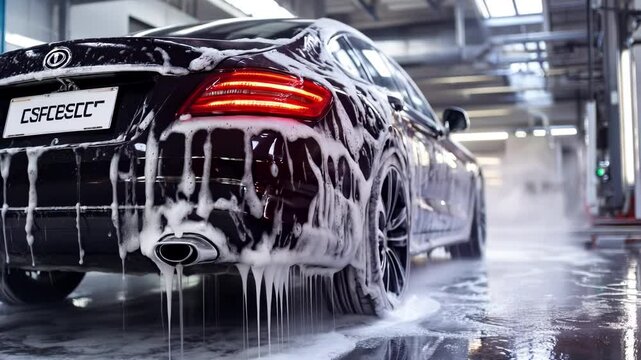 A high-end vehicle is thoroughly cleaned in a contemporary detailing shop. Thick foam covers the exterior while workers focus on ensuring every detail is spotless and shiny