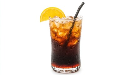 Refreshing glass of iced cola with a slice of lemon and straw, showcasing a vibrant beverage for summer enjoyment
