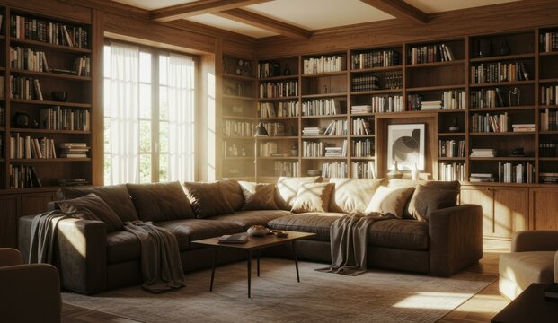 A cozy living room with bookshelves and a comfortable brown leather couch.