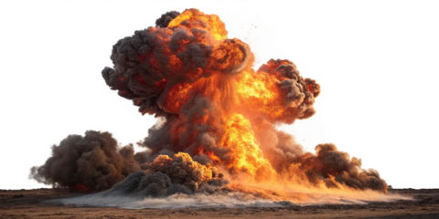 Massive explosion with fire and smoke billowing into the air above a desert landscape