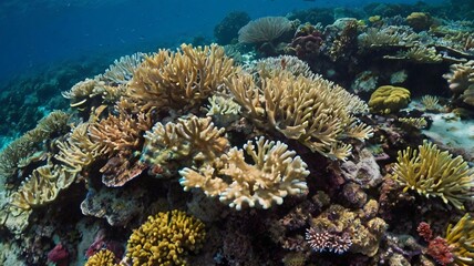Fototapeta premium An underwater view displaying diverse coral reef formations in the ocean