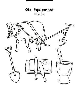 These illustrations are old equipment from Korea. They are tools for farming cattle and shovels, for grinding grain, and for pounding clothes.	
