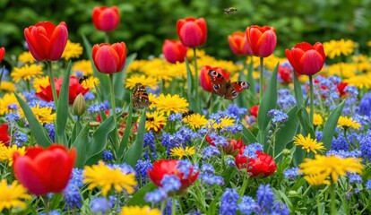 Naklejka premium A vibrant garden scene with tulips, butterflies, bees, and colorful flowers.