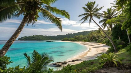 Serene Tropical Beach with Palm Trees and Crystal Clear Water