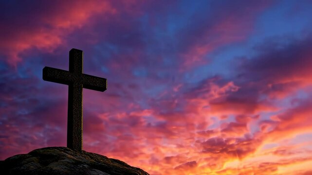 Cross on Rocky Hill Against Dramatic Colorful Sunset Sky