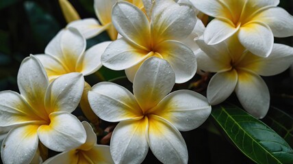 Fototapeta premium Close up photograph of multiple white and yellow flowers with water droplets