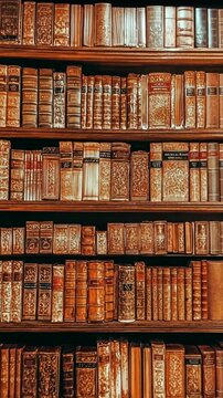 Exquisite collection of vintage leather-bound books on wooden shelves in a library