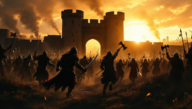 Silhouetted raiders attacking a medieval settlement at dawn, with dramatic lighting.


