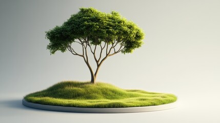 A small, lush tree on a grassy mound with a circular light-grey base set against a soft, minimalist off-white background for serene composition