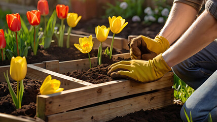 Fototapeta premium Gardener Planting Yellow Tulips in Wooden Crates