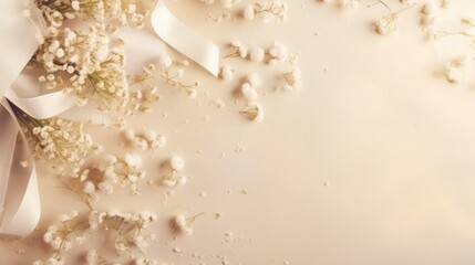 Baby breath Gypsophila flowers, dried beige eucalyptus leaves and satin ribbon on white background.