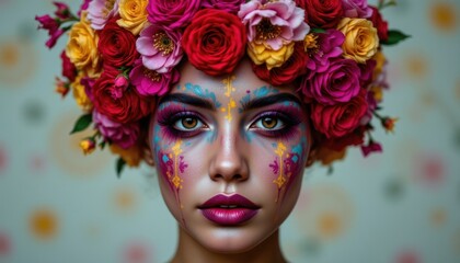 Radiant Floral Muse Visualize a whimsical portrait of a figure adorned with an elaborate crown of multicolored flowers, their face painted with bold