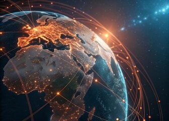 World map on a technological background, glowing lines symbols of the Internet, radio, television, mobile and satellite communications.Global network connection over the world. 3d rendering toned imag