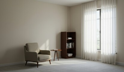 A modern room with an armchair, bookshelf, round table, and light from window.
