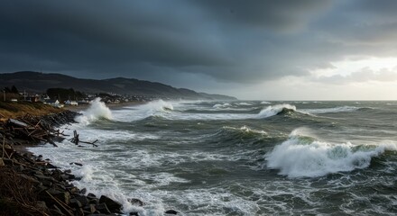 Obraz premium Stormy coastal scene with crashing waves, rocky shoreline, dark sky, and scenic natural beauty photography