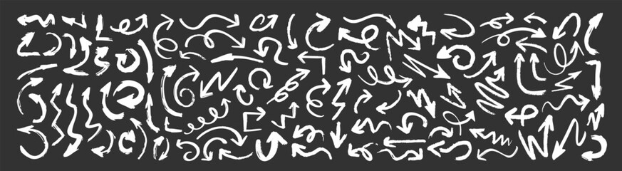 Grunge arrows set isolated. Hand drawn vector arrows. Dry brushstrokes, arrows, pointers.