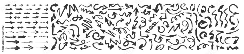 Poster grunge arrows set isolated on transparent. hand drawn vector arrows. dry brushstrokes, arrows, point