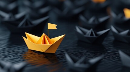 A vibrant yellow origami boat stands out amidst a sea of black origami boats, symbolizing uniqueness and creativity in a minimalist setting.