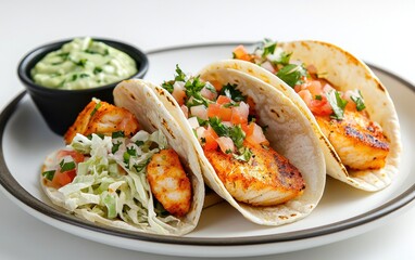 Three delicious fish tacos on a plate with a side of guacamole. The tacos are filled with seasoned fish, shredded cabbage, pico de gallo, and cilantro. 