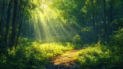 Fototapeta premium A path in a spring forest with sunlight streaming through fresh green foliage and creating dappled textures on the ground