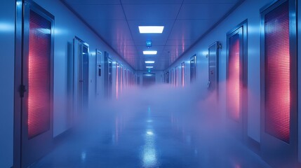 A corridor in a cold storage facility dedicated to climate control, featuring fog and illuminated doors designed for pharmaceutical and perishable product storage.