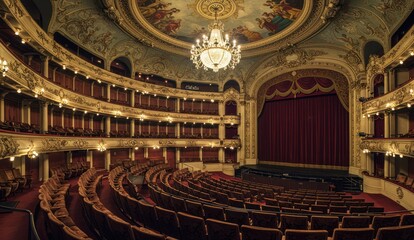 Obraz premium Grand theater interior featuring rows of seats and a majestic chandelier.