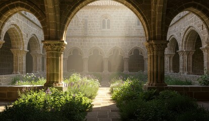 Courtyard with stone arches, garden and sunlight. Peaceful and serene.
