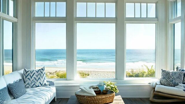 Bright coastal living room interior with large windows overlooking ocean waves and beach under clear blue sky