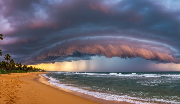 Dramatic storm clouds over a tropical beach and ocean at sunset/twilight.