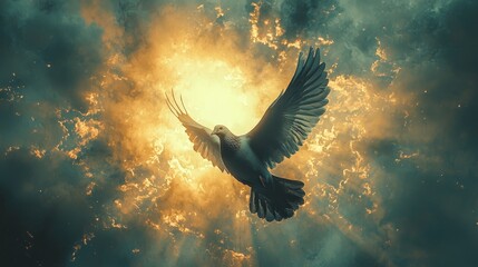 A peaceful image of a dove soaring through a cloudy sky, symbolizing the Holy Spirit and divine guidance