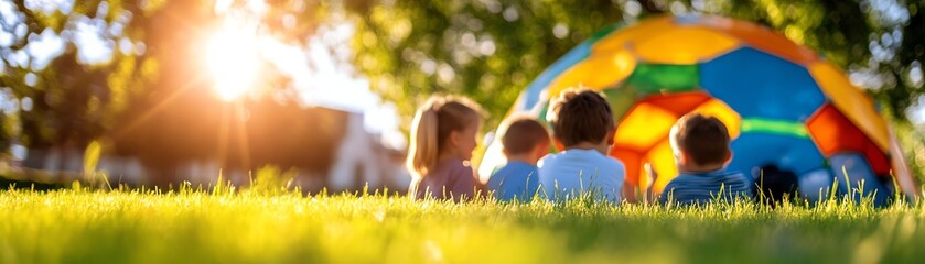 Children playing in a colorful tent on a sunny day.