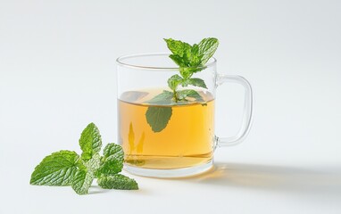 A glass mug of light brown herbal tea with fresh mint sprigs on a white background.  The tea is light amber and translucent, showing the bottom of the mug.  A small cluster of mint leaves rests on