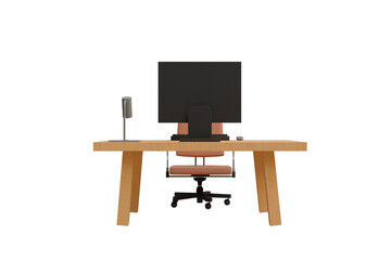 Computer desk with computer on table and computer chair on white background,3d interior design