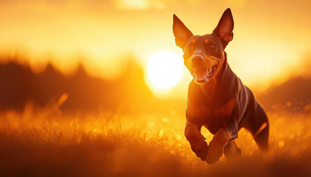 joyful Doberman running in field during vibrant sunset, capturing essence of freedom
