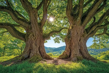 Fototapeta premium Two ancient trees embrace the sun