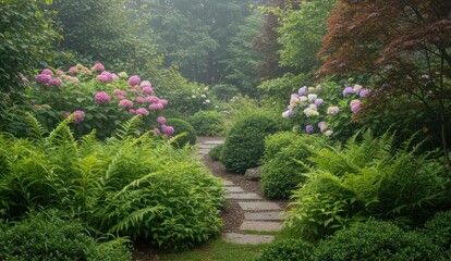 Lush garden path with hydrangeas and ferns in a tranquil, misty setting.