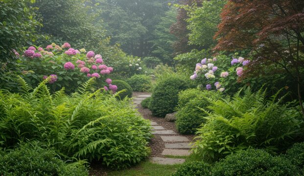Lush garden path with hydrangeas and ferns in a tranquil, misty setting.