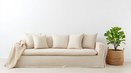 A cozy, beige sofa with plush cushions and a soft throw blanket beside a potted plant, set against a clean, white wall, Sustainable Living, Sustainable Living.