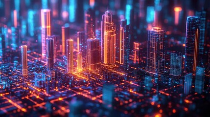 Glowing Futuristic Cityscape at Night Abstract Digital Art