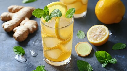 Fototapeta premium Refreshing Ginger Lemonade Beverage with Mint and Ginger Root Ingredients on a Dark Surface